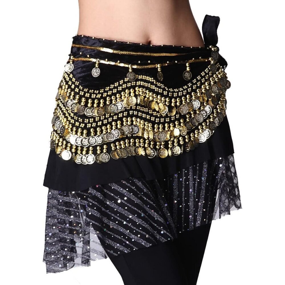 Women's Belly Dance Hip Scarf with Silver Coins Wave Shape Elegant
